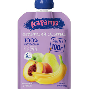 Пюре фруктове дитяче КАРАПУЗ Фруктовий салатик з яблук, груш і персиків з 6-ти місяців м'яка упаковка дой-пак 100 г