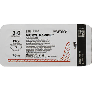 Шовний матеріал Vicryl (Вікрил) Rapide розмір USP 3/0 , зворотньо-ріжуча голка 19 мм, 3/8 кола, довжина 75 см артикул W9931