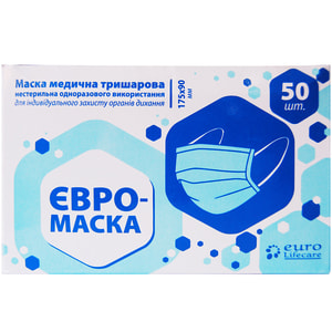 Маска медична захисна 3-х шарова нестерильна одноразова з гумовими завушниками 50 шт Євро-маска