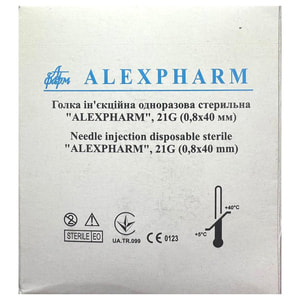 Голка ін'єкційна стерильна розмір G21 діаметр 0,8 мм х 40 мм Alexpharm (Алексфарм) 100 шт