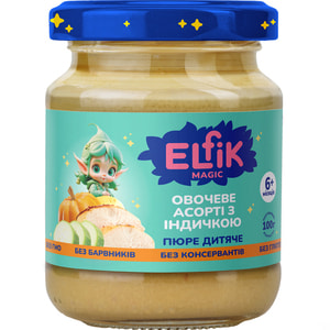 Пюре овочево-м'ясне дитяче ELFIK MAGIC (Ельфік меджик) Овочеве асорті з індичкою з 6-ти місяців 100 г