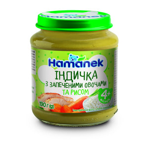 Пюре м'ясо-овочеве дитяче HAMANEK (Хаманек) Індичка з запеченими овочами та рисом з 4-х місяців 190 г