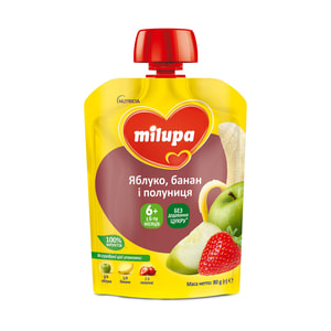 Пюре фруктове дитяче Нутриція Milupa (Мілупа) Яблуко, банан та полуниця з 6-ти місяців 80 г