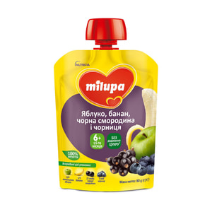 Пюре фруктове дитяче Нутриція Milupa (Мілупа) Яблуко, банан, чорна смородина та чорниця з 6-ти місяців 80 г